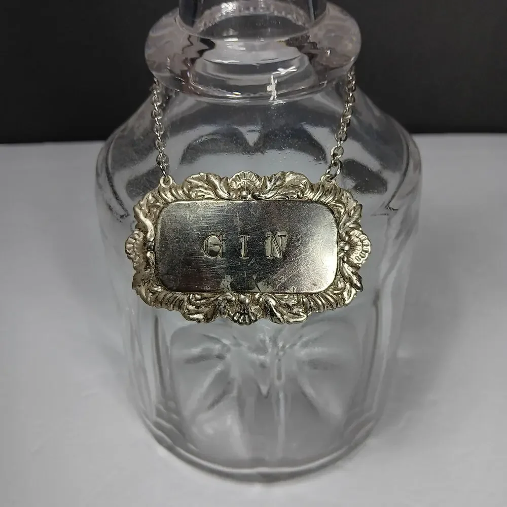 Vintage Glass Decanter Gin English Silverplate Label Tag Mushroom Stopper
